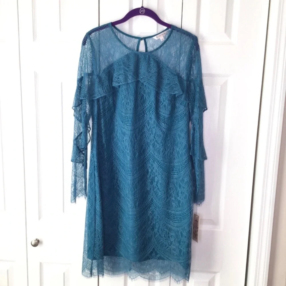 Nanette Nanette Lepore Poetic Love Dragonfly Teal Lace Overlay Dress 12 NWT